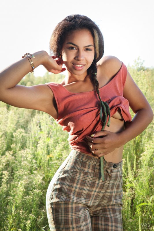 Красивая молодая мулатка с упругой грудью разделась